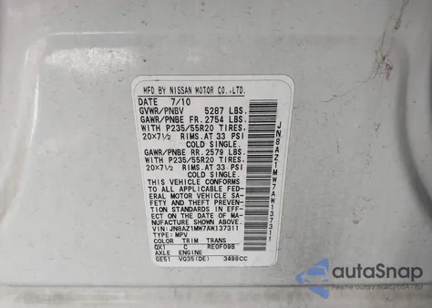 2010 Nissan Murano Le z USA, uszkodzony, nr VIN JN8AZ1MW7AW137311